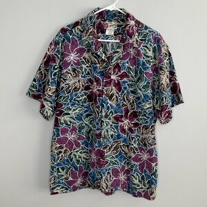 Hilo Hattie Men’s Vintage Blue Purple Floral Hawaiian Shirt XL Tropical Palm